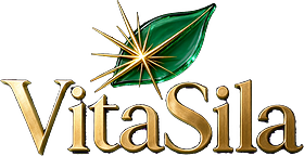 VitaSila — изумрудный лист с золотой искрой и золотая надпись VitaSila, прозрачный фон